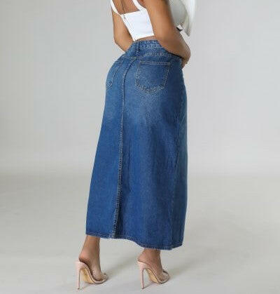 Thigh Cut Denim Maxi Skirt