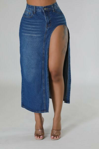 Thigh Cut Denim Maxi Skirt