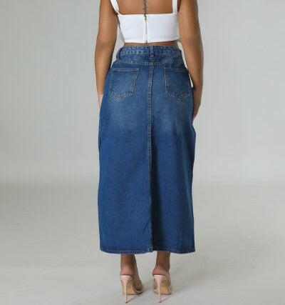 Thigh Cut Denim Maxi Skirt