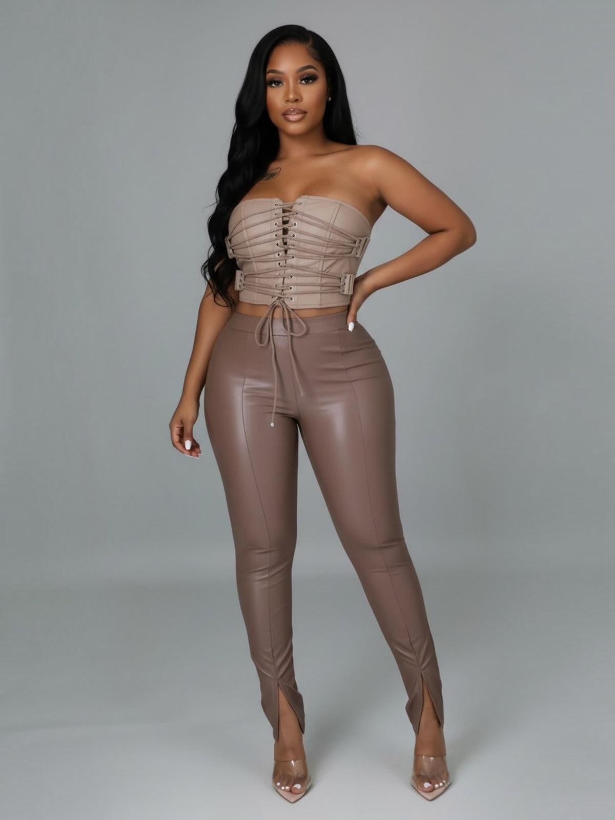 Shola Faux Leather Pants (Taupe)