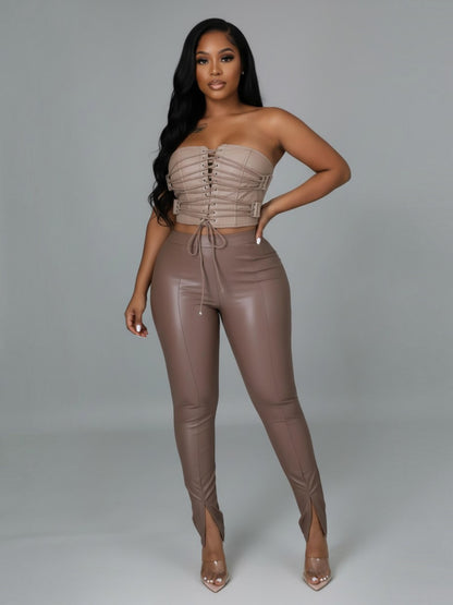 Shola Faux Leather Pants (Taupe)
