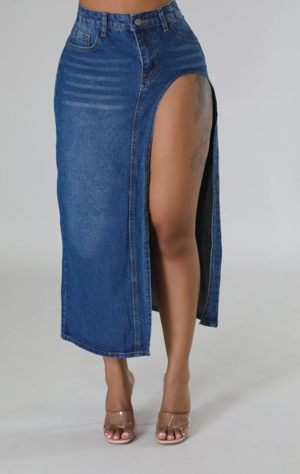 Thigh Cut Denim Maxi Skirt
