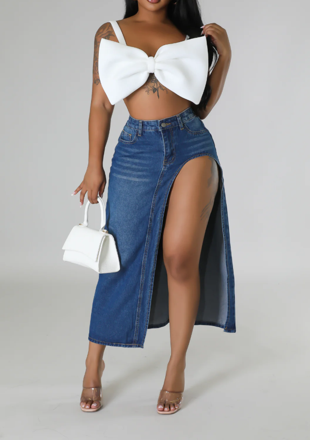 Thigh Cut Denim Maxi Skirt