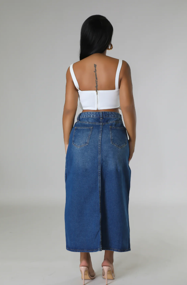 Thigh Cut Denim Maxi Skirt